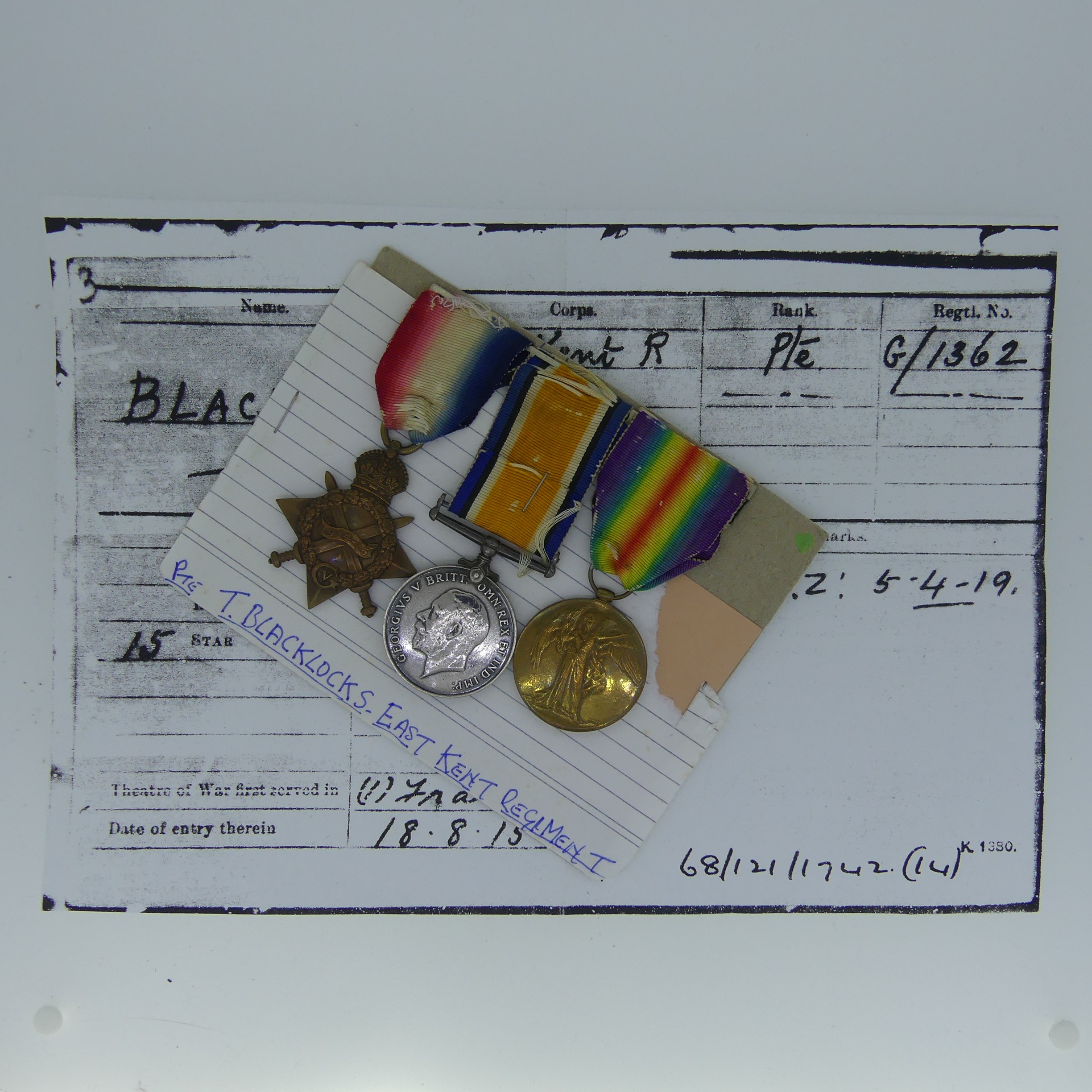 1914-15 Trio, G/1362 Pte. T Blacklocks E.Kent Regt, Mounted for wear.