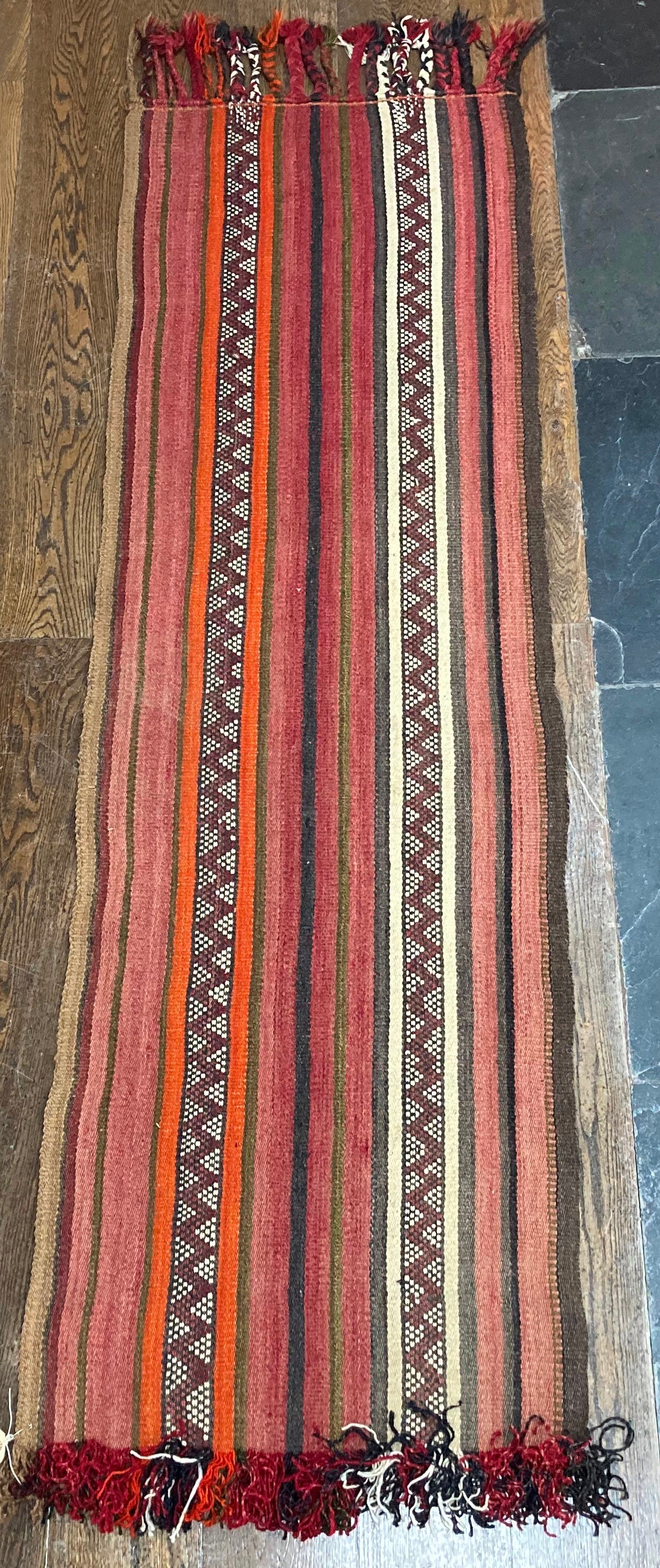 Tribal Rugs: an old Kilim Runner, 100% wool, woven with stripes in subtle colours - plum, dusky red,