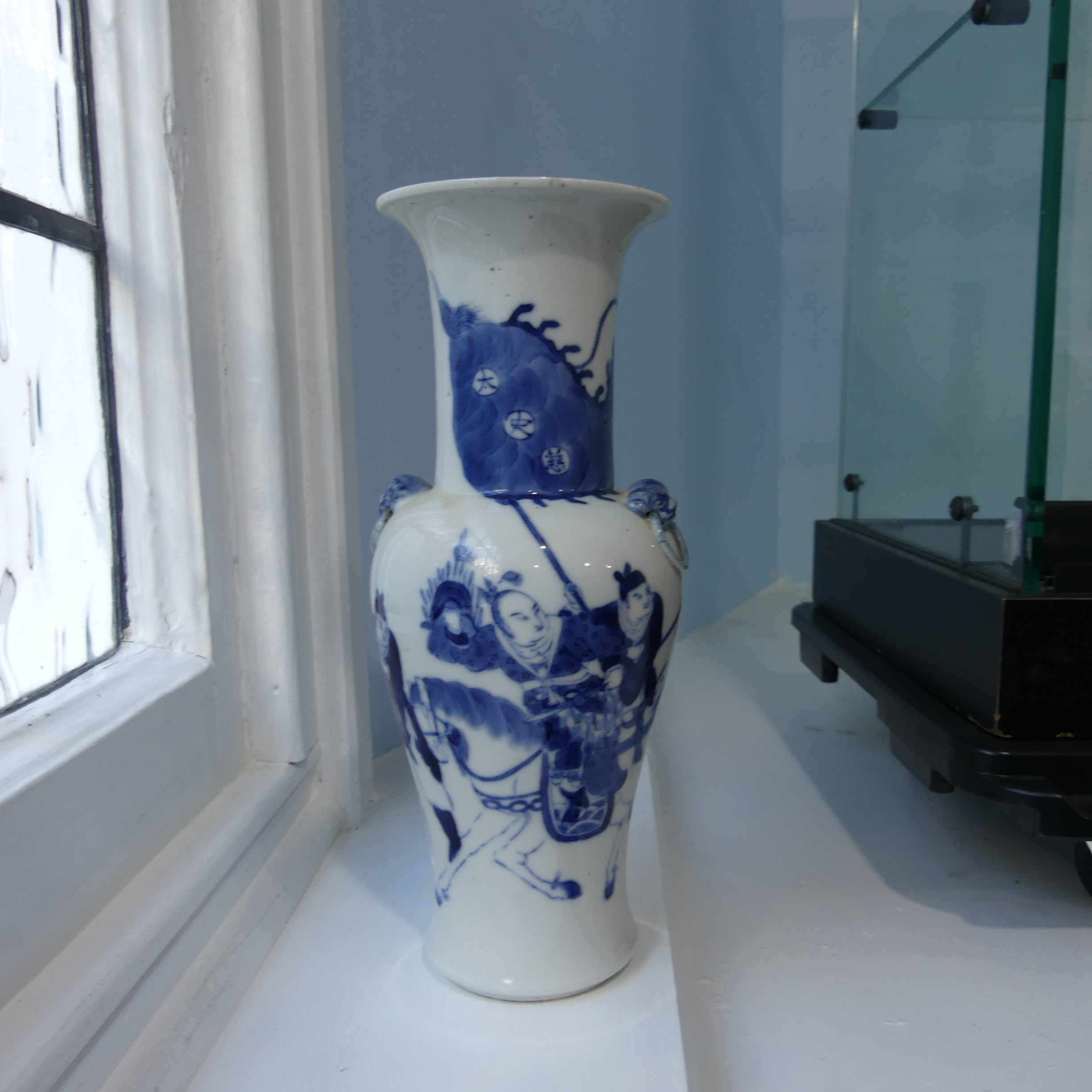A pair of antique Chinese Blue and White Vases, the body decorated with warriors, with a six - Image 21 of 22