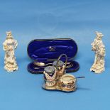 A silver plated and Imari Cruet Set, with silver mustard spoon, together with a cased silver spoon