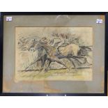 Mid-20th century School, Horse racing, pencil, ink and watercolour, indistinctly signed, 22cm x