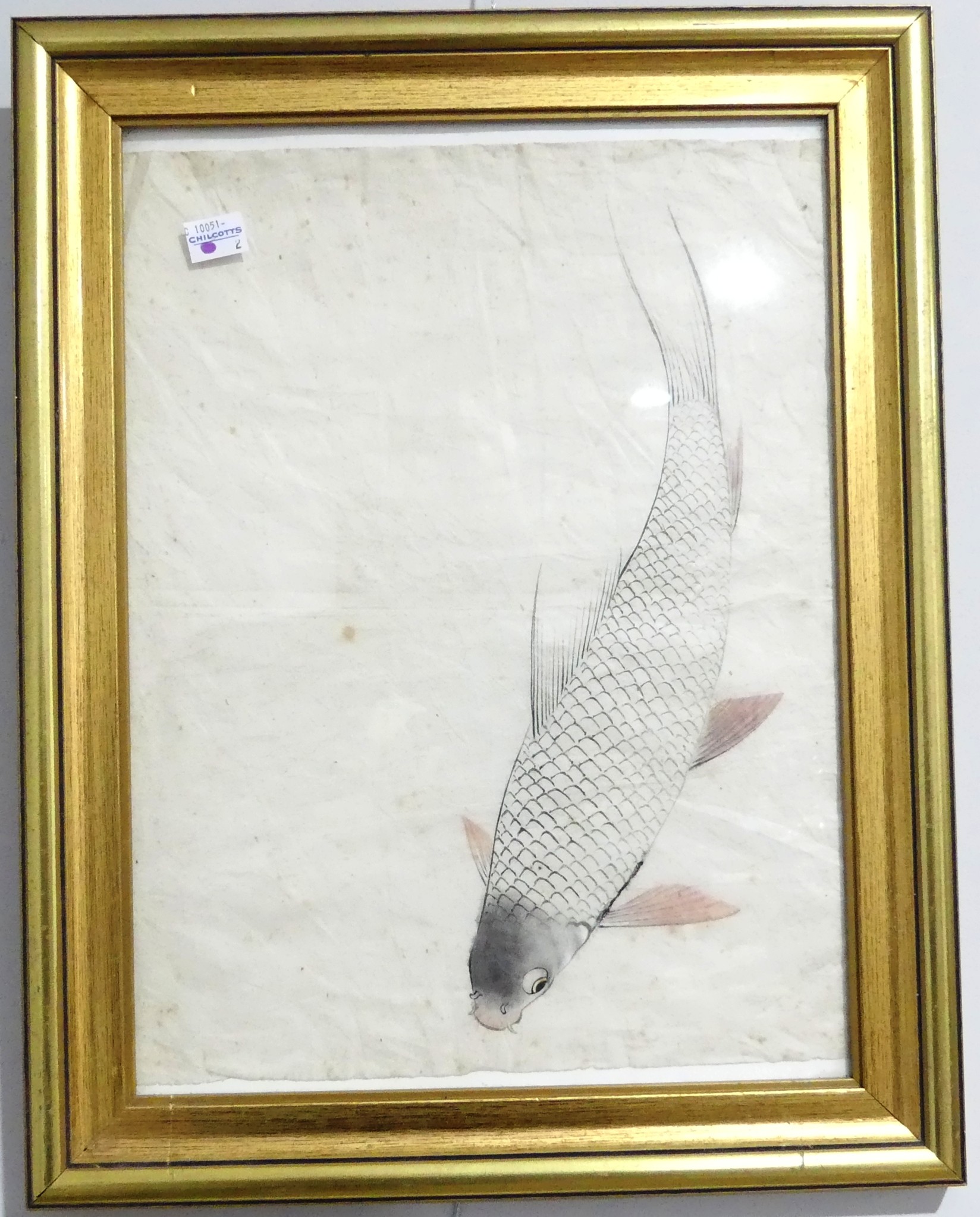An early 20th century Japanese line block print of a fish, signed, with red stamp, 22cm x 17cm,