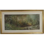 20th century school, Deer in wooded river landscape, watercolour, unsigned, 32cm x 74cm, framed.