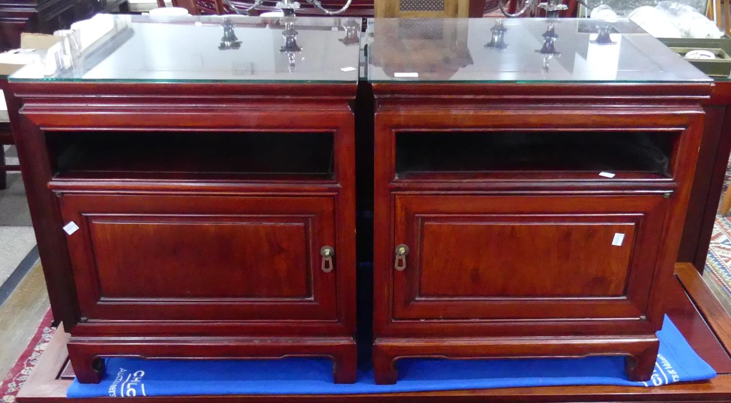 A pair of late 20thC Oriental hardwood Bedside Cabinets, with a single open shelf above a cupboard - Image 3 of 3