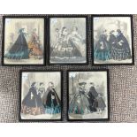 Five 19th century French fashion prints, hand coloured, 21cm x 17cm, framed (5)