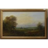 19th century School, Wooded landscape with cattle and buildings in the distance, oil on canvas,