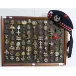 A collection of Military Cap Badges, some reproductions, arranged onto a framed display board,