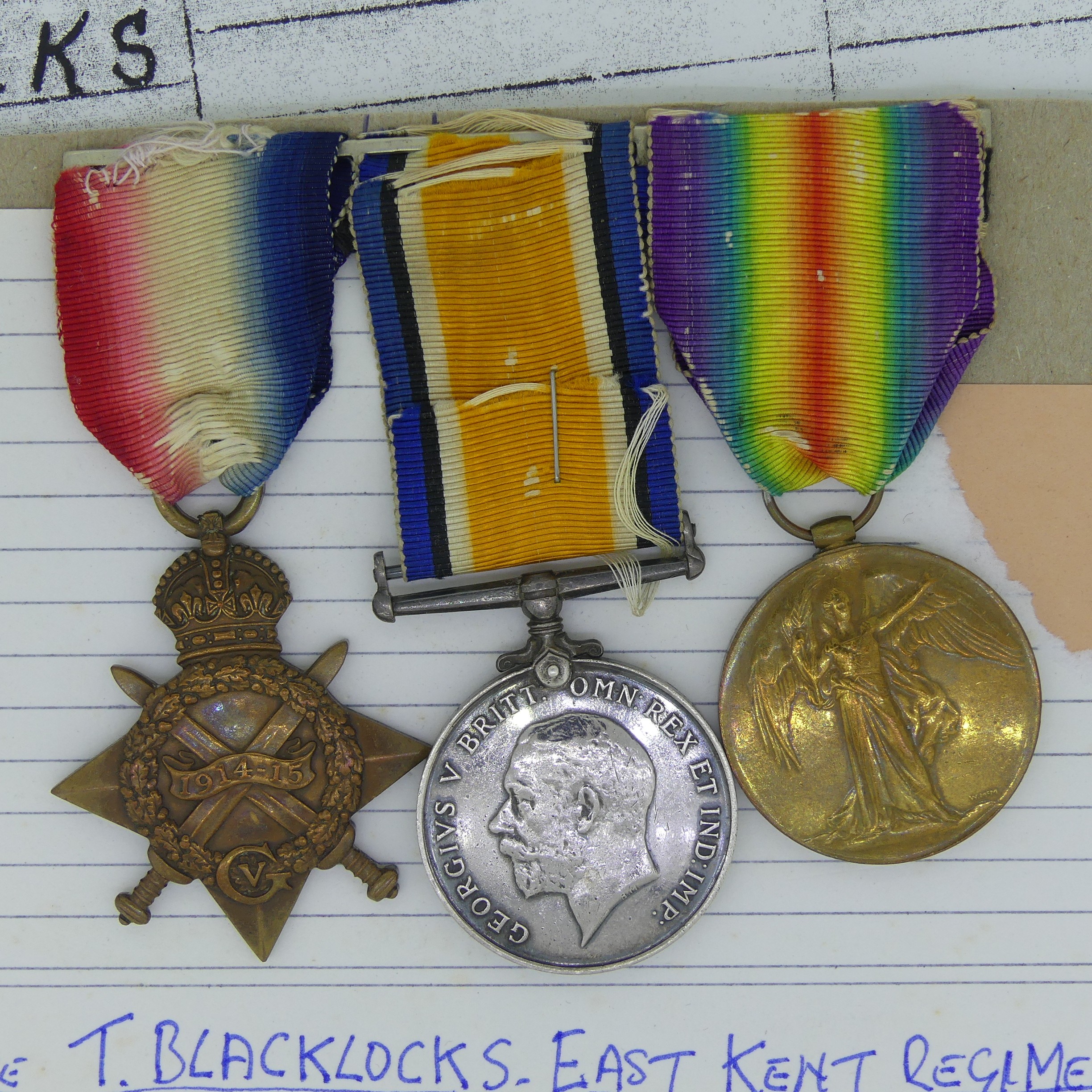 1914-15 Trio, G/1362 Pte. T Blacklocks E.Kent Regt, Mounted for wear. - Image 2 of 3