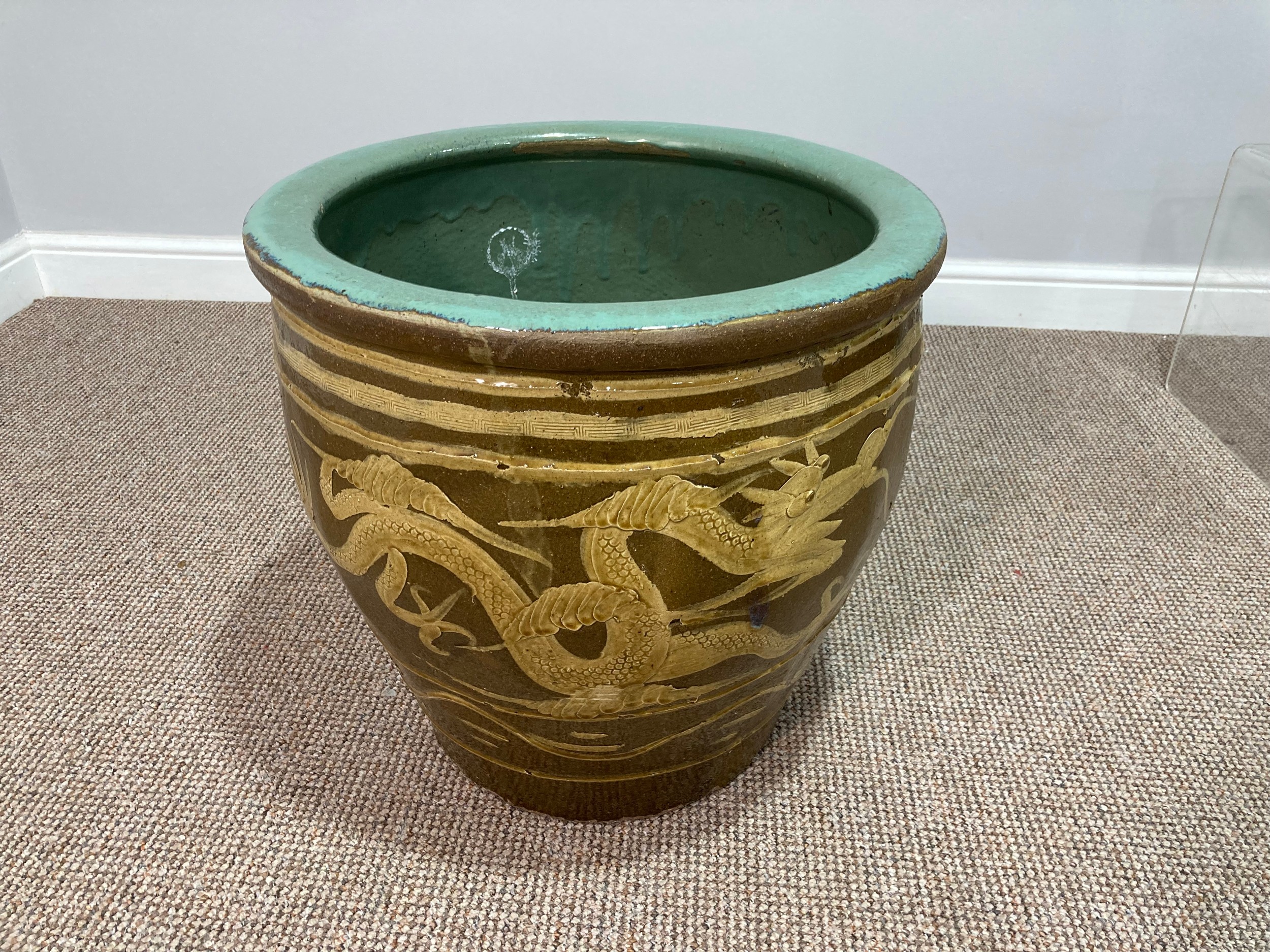 A large Chinese brown glaze pottery Jardiniere, decorated in dragons with yellows, interior - Image 2 of 4