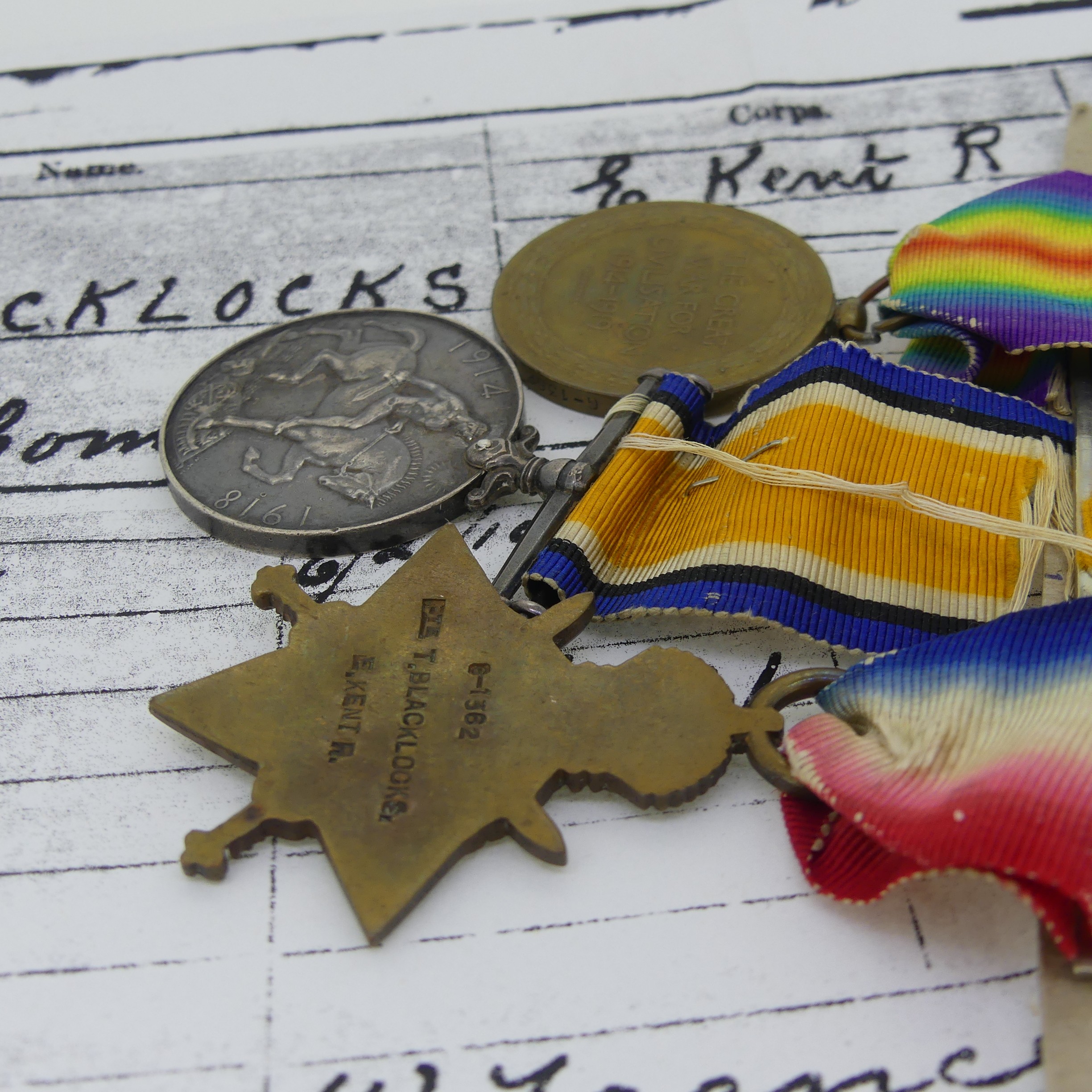 1914-15 Trio, G/1362 Pte. T Blacklocks E.Kent Regt, Mounted for wear. - Image 3 of 3