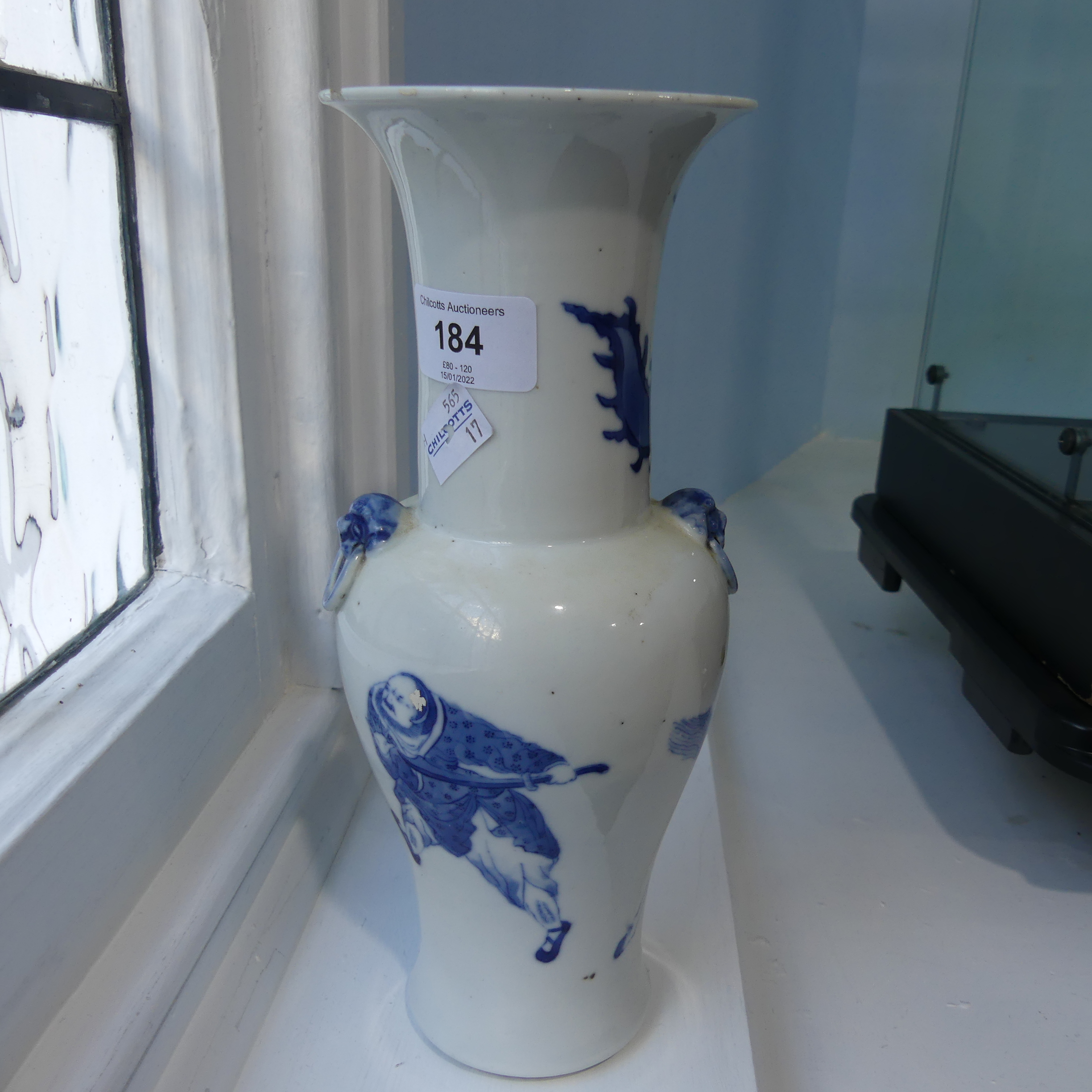 A pair of antique Chinese Blue and White Vases, the body decorated with warriors, with a six - Image 11 of 22