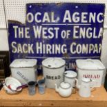 A collection of vintage enamel ware, including Bread Bins, sponge-ware measuring jugs, colander,