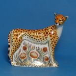 A Royal Crown Derby 'Cheetah' Paperweight, with gold stopper and factory marks to base.