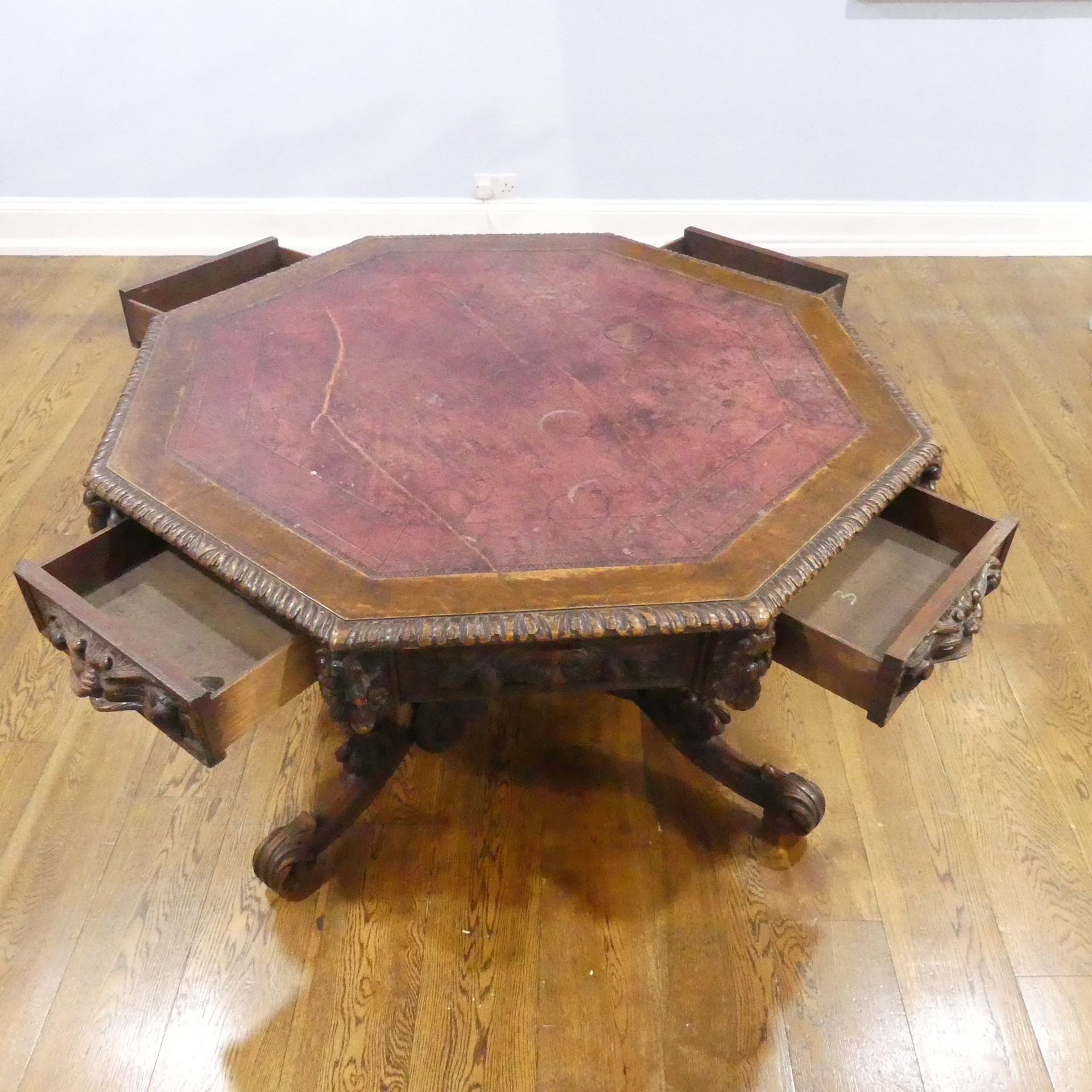 A Victorian heavily carved oak octagonal Drum Table, with octagonal skived in tooled leather top - Image 2 of 7