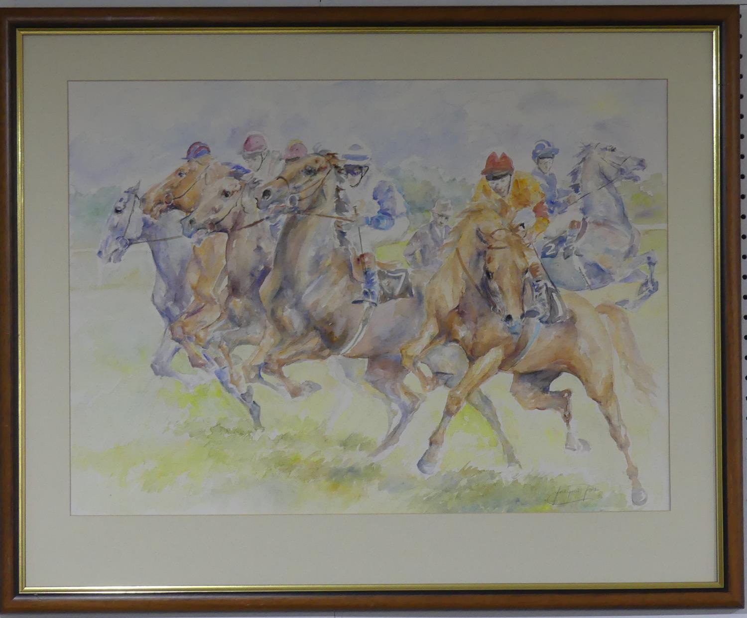 Jacqui Jones (British, b.1961), Racehorses, The Start, watercolour, signed and dated '94, 54cm x