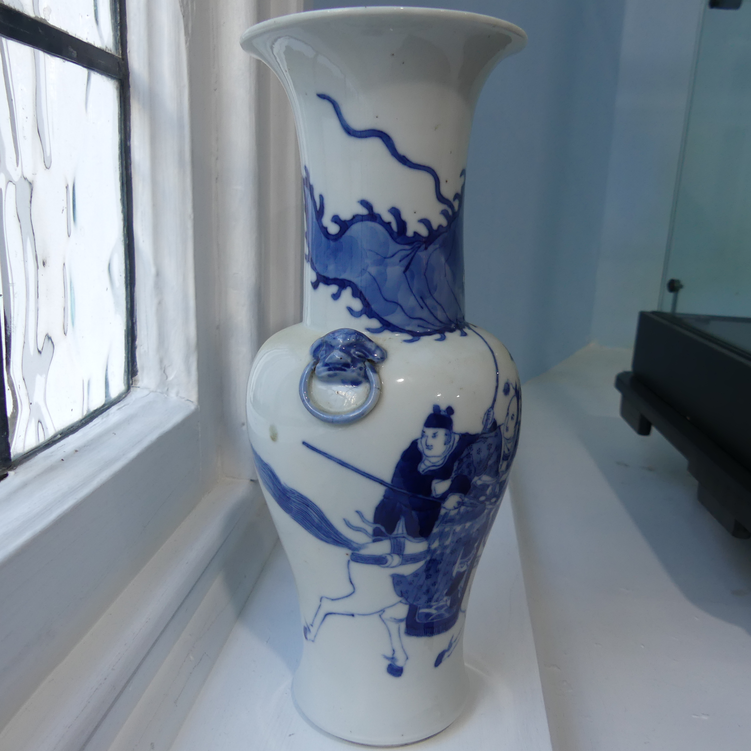 A pair of antique Chinese Blue and White Vases, the body decorated with warriors, with a six - Image 12 of 22
