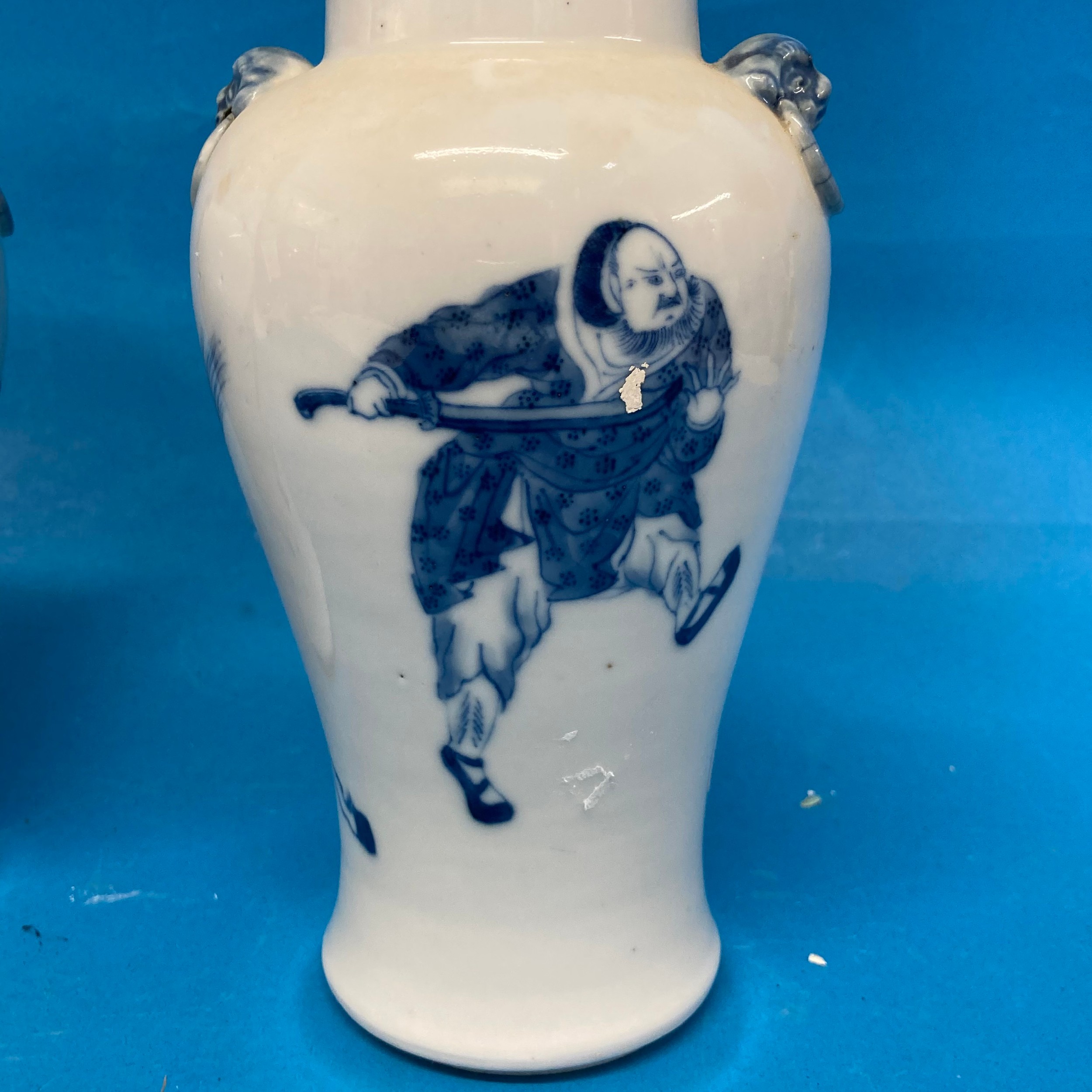 A pair of antique Chinese Blue and White Vases, the body decorated with warriors, with a six - Image 2 of 22