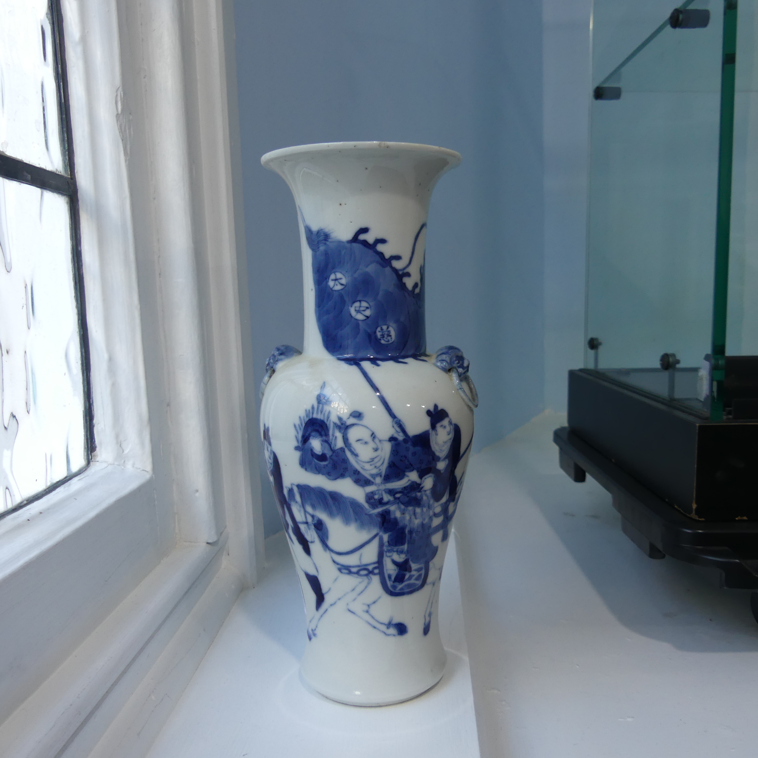 A pair of antique Chinese Blue and White Vases, the body decorated with warriors, with a six - Image 20 of 22