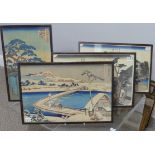 A pair of early 20th century Japanese woodblock prints, depicting figures in landscapes, 23cm x