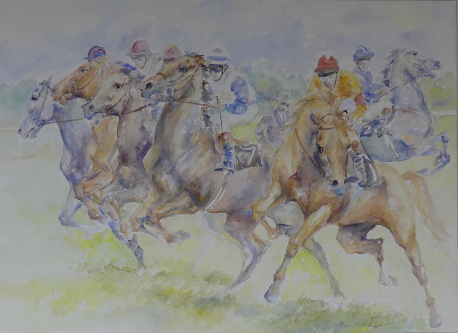 Jacqui Jones (British, b.1961), Racehorses, The Start, watercolour, signed and dated '94, 54cm x - Image 2 of 4