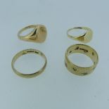 A 9ct yellow gold Wedding Band, Size P, together with two 9ct gold signet rings, both with