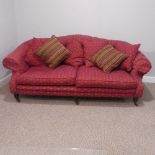 A 19thC style button back three seater Sofa, upholstered in red figured fabric with 6 cushions, W