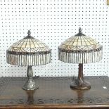 A pair of Tiffany style Lamps in shades of brown and cream stained glass, H x 34cm, canopy 27cm