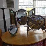 A 20thC mahogany framed triptych mirror, mssing panel on back and lower stretcher, together with two