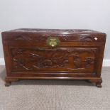 A 20thC Chinese carved camphor wood Chest Carved bird's wing partially chipped away, Crack on