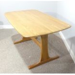 An Ercol 'blonde' elm Dining Table, in the refectory style, raised on trestle base, with factory