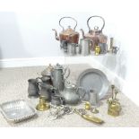 Quantity of Metalwares, including pewter charger, tankards, brass items and copper kettles (a lot)