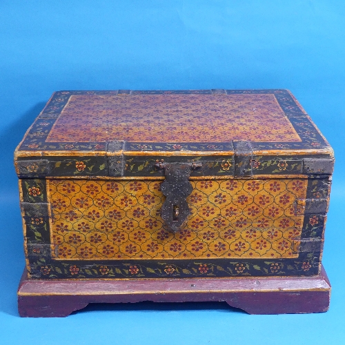 A decorative painted 'Folk Art' Casket, possibly Indian, with metal catch, W 44.5cm x H 25cm x D