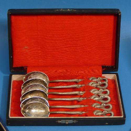 A cased set of six Japanese silver souvenir spoons, the finials modelled as a snake, the bowls - Image 2 of 2