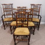 A set of six Lancashire spindleback oak, rush seated dining Chairs, including two carvers, dining