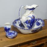 A flow blue York pottery Wash Set, comprising Wash Basin, Jug, Soap Dish, etc (4)