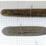 A large antique tribal Paddle, with large flat head incised with decoration, H 224cm, together