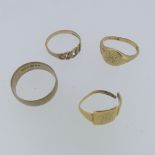 Three 9ct gold Rings, 8.2g, all worn, together with a broken 18ct gold signet ring, 3g, all as found