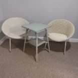 A pair of vintage white wicker satellite Chairs with corresponding table, Chairs W 75cm x H 69cm D