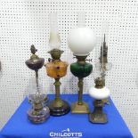 Six Victorian Oil Lamps, including brass, onyx, cast iron bases, tallest lamp H 67cm (6)