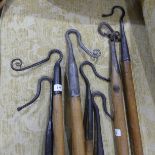 Five early 20thC Shepherds' Crooks, with hickory shafts and wrought iron hooks, lengths range from