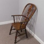 A 19thC ash and elm Windsor-back Armchair, raised on turned legs and H stretcher, W 60cm x H 106