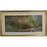 20th century school, Deer in wooded river landscape, watercolour, unsigned, 32cm x 74cm, framed.