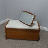 A retro teak framed Wall Mirror, together with a vintage Ottoman, with white vinyl seat, W 87cm x