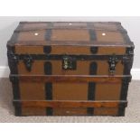 A vintage dome-top Trunk, with two drawers lined with paper printed with ships, W 82cm x H 60cm x