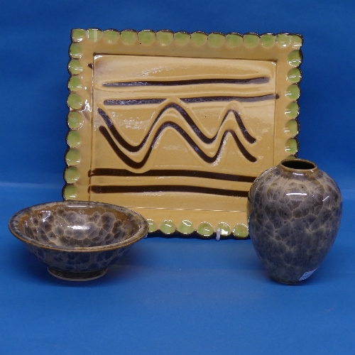 A small studio pottery Bowl by Maurice Young, together with corresponding Vase, and a tray by Andrew