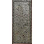 An early 20th century Chinese silk embroidered panel, mounted in a two-handled wooden tray, 46cm x