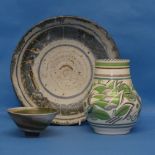 A Poole Pottery Vase, decorated in green PA pattern, together with a Marianne de Trey footed bowl