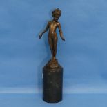 A French Art Deco patinated bronze of a Nude, impressed signature "Melo", on black marbled column