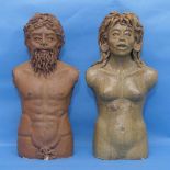 A pair of studio pottery Busts, modelled as Adam and Eve, H 40cm (2)