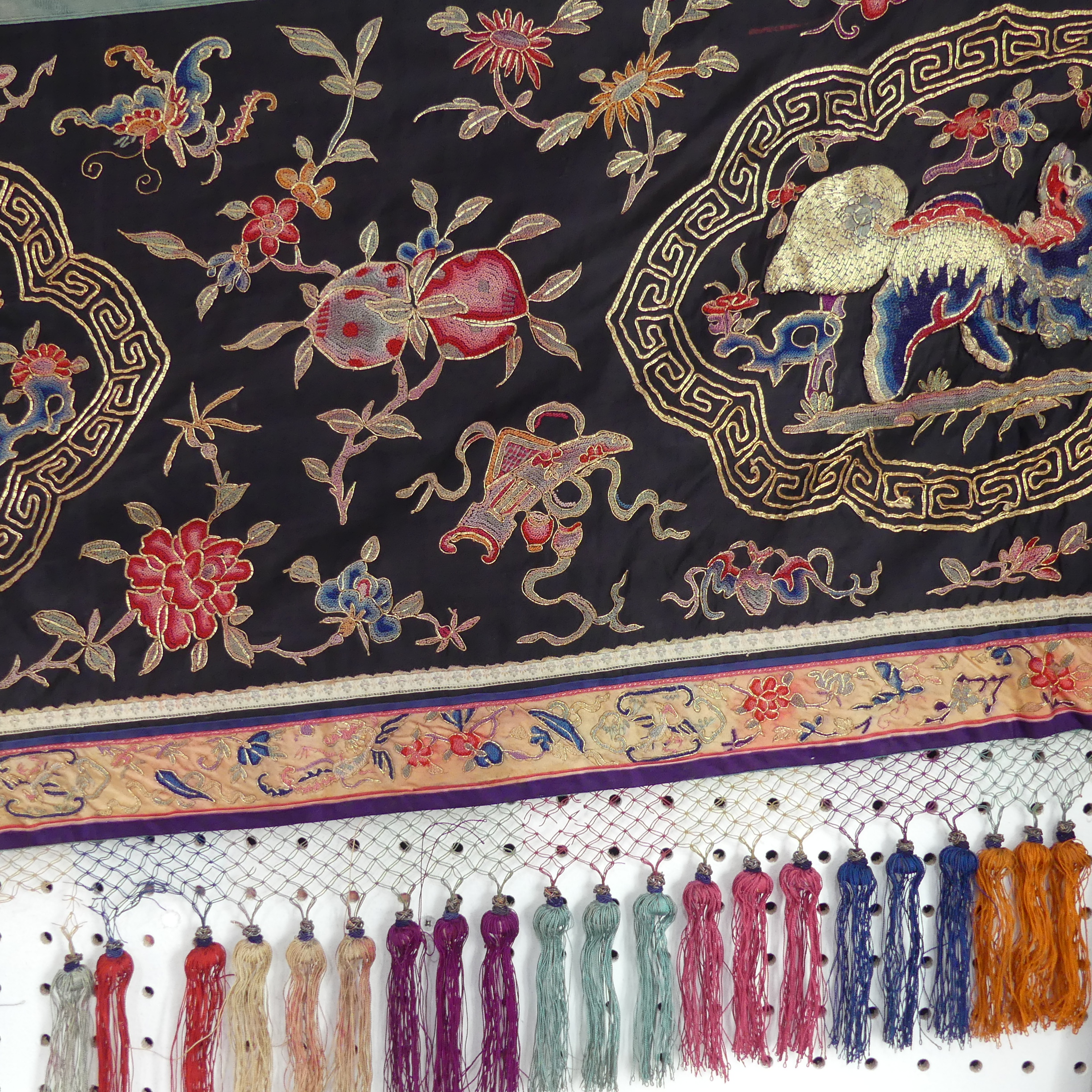 A 19thC Chinese embroidered silk Wedding Banner, the whole embroidered in coloured-silk and gold- - Image 5 of 11